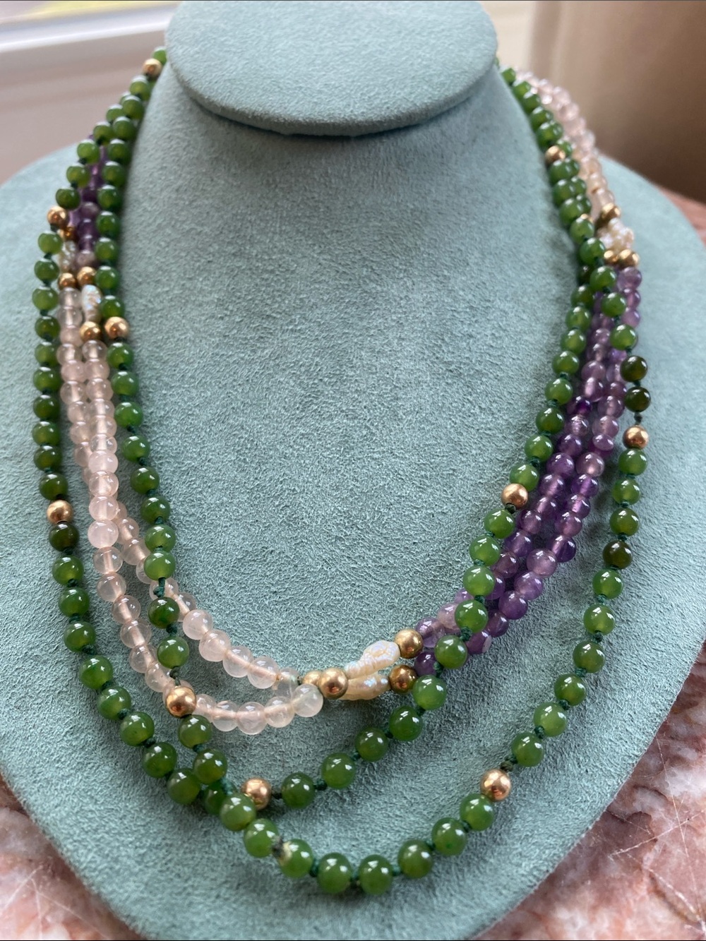 Hand Knotted Multi Strand Jade Amethyst Rose Quartz & Freshwater Pearl Necklace